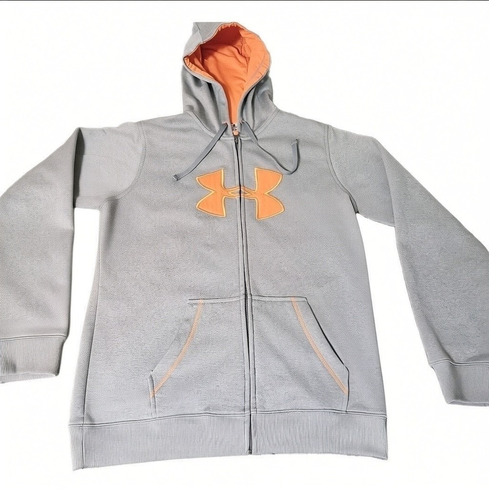 Under Armour Hoodie Men L Gray Gray Orange  Sweatshirt Sweater Large Logo - Picture 2 of 6